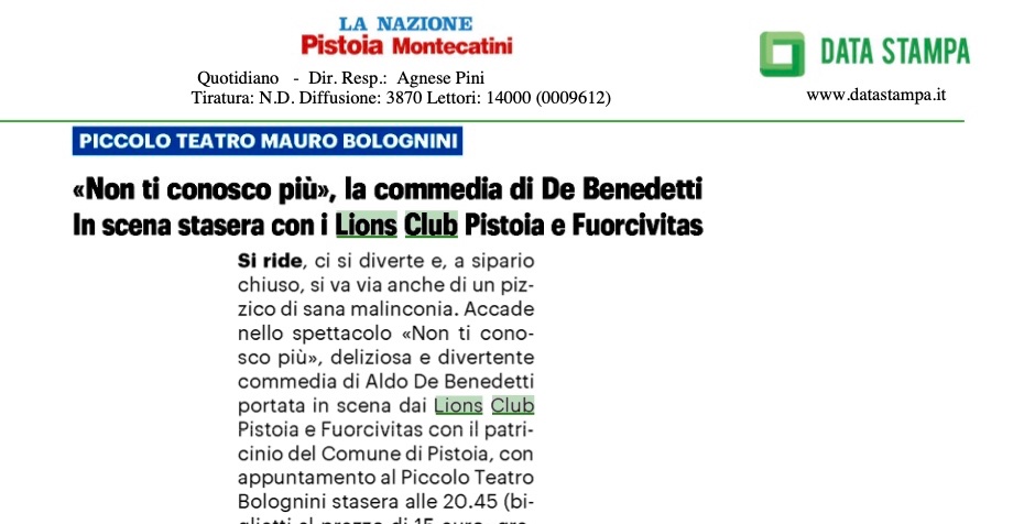 Non ti conosco più, la commedia di De Benedetti iin scena con i Lions Club Pistoia